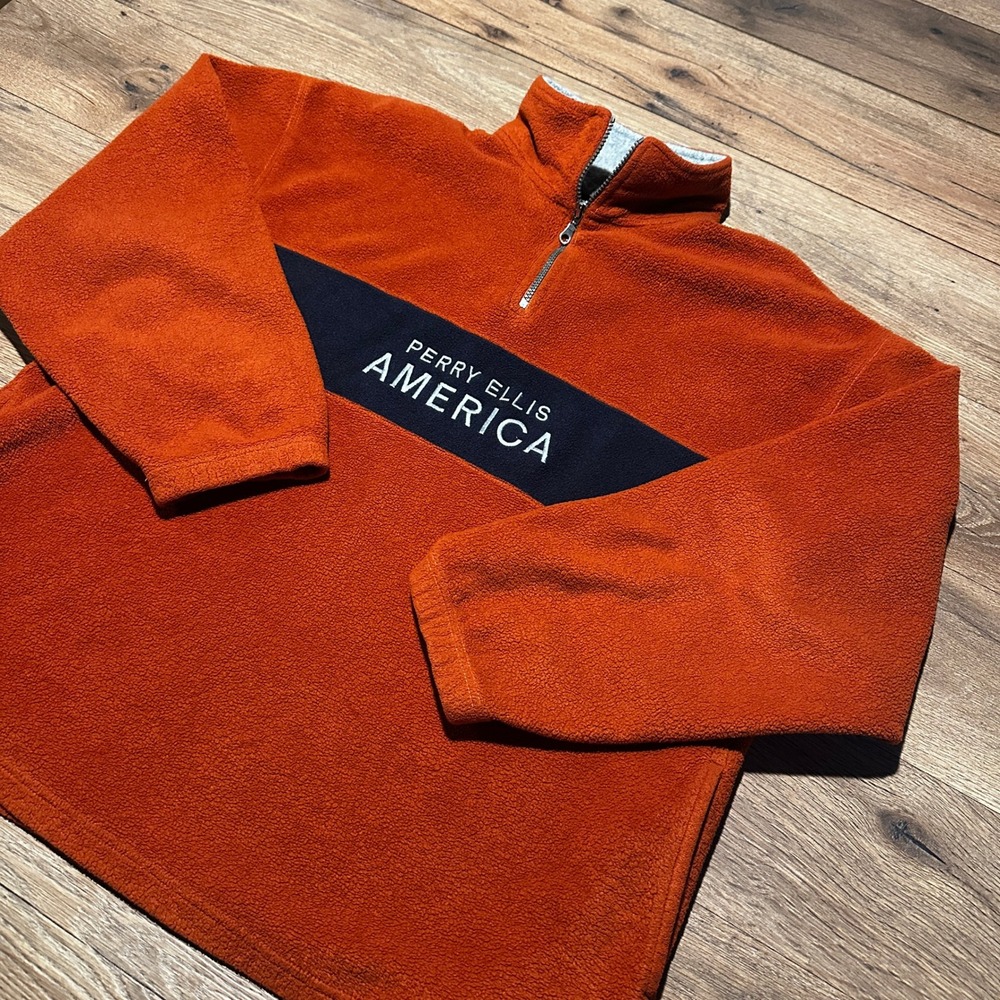 Vintage Perry Ellis America Orange Fleece Quarter Zip Pullover Mens Large
